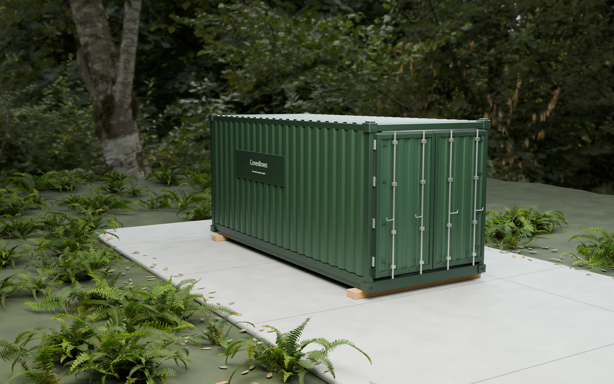A forest-green ConexBox, ready to open